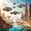 Placeholder: In this futuristic scene, houses are perched on levitating stones, interconnected by suspended bridges. The ethereal setting combines the architectural charm of floating homes with the structural elegance of hanging bridges, creating a harmonious blend of innovation and fantasy. Including Watherfalls. The Scene are in the desert. Flight objects in the sky