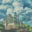 Placeholder: castle in the sky, with flowers of fire. Green clouds and birds. Shy wizard cat going out of the main gate. Detailed painting, sharp color, medieval, intricate detail, far sceen, realistic colors, medieval concept art. spring.