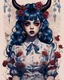 Placeholder: Poster in two gradually, a one side wears a smart shirt which is embroidered with bluered flowers and ornaments, has dark eyes and horns,malevolent goth vampire girl face and other side the Singer Melanie Martinez face, full body, painting by Yoji Shinkawa, darkblue and sepia tones,