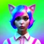 Placeholder: waitress teenager, cat ears headband, rounded face, pink hair, pink makeup, striped shirt, vibrant color, highly detailed, gradient background, concept art, smooth, 16 bit, unreal engine 5, god rays, ray tracing, RTX, lumen lighting, ultra detail, volumetric lighting, 3d, finely drawn, high definition, high resolution.