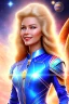 Placeholder: cosmic woman smile, admiral from the future, one fine whole face, crystalline skin, expressive blue eyes,rainbow, smiling lips, very nice smile, costume pleiadian, Beautiful tall woman pleiadian Galactic commander, ship, perfect datailed golden galactic suit, high rank, long blond hair, hand whit five perfect detailed finger, amazing big blue eyes, smilling mouth, high drfinition lips, cosmic happiness, bright colors, blue, pink, gold, jewels, realist, high commander