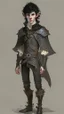 Placeholder: a teen elf. he has curly, black hair and sharp cheekbones. His eyes are black. He wears fantasy medieval clothes. he is lean and tall, with pale skin. full body with boots