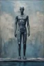 Placeholder: A hauntingly beautiful mixed painting representing a man swiming view from the top that harmoniously blends the sculptural forms of Henry Moore with the elongated figures of Alberto Giacometti in a Nicolas de stael composition, blue grey tints. highly detailed and painting textured