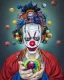 Placeholder: head and shoulders portrait of a clown, face paint, jester hat, sad expression, Takato Yamamoto artist, Akiya Kageichi artist, Jedediah Berry inspired, 8k resolution concept art portrait, dynamic lighting, hyperdetailed, intricately detailed, maximalist, beautiful, peaceful, upper bust portrait, holding an orb of light, traditional royal outfit with sword, porcelain flower corset, face half covered, intricate metal work crown/halo, angelic, dark angel, 8k resolution concept art, dynamic lighting