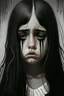 Placeholder: A young girl with long black and white hair with brown eyes, black and white dress, who is crying