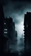 Placeholder: scary foggy black silhouette in black haze in the air against the backdrop of night buildings in the style of a horror film, eerie atmosphere