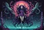 Placeholder: Demon girl wizard behind, cosmic horror, nightmare, galaxy in eyes with dread, truth, alien underwater, fullbody, 8bits, pixel art,