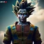 Placeholder: Son-goku standing on a bridge in a cyberpunk setting, steam punk, close-up, realistic, unreal engine