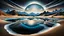 Placeholder: Abstract Landscape with surreal iced desert, mountains, iced water, reflections, sharp lights and shadows . The scene features circles, lines and ovals, all enhanced by overlapping, adding depth and dimension. In the scene old bones lying in sand in the right side. The sky is dramatic, filled with swirling dark clouds , creating an intense atmosphere. The color palette consists of rich, deep hues, watercolor and dark ink, like a dark dream