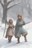 Placeholder: DnD style, two medieval peasant kids playing in the snow male and female, age 14 and 15, happy and playful, he has a short sword.