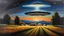Placeholder: Oil painting of a UFO a farm at night