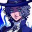Placeholder: Bad ass curly haired dark skinned Lady Maria from Bloodborne in anime blue style