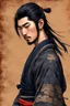 Placeholder: A Young Man who is a Samurai, he has scars, cuts, and marks on his body. His body looks war torn, and he is missing his left arm from his shoulder. He has long black hair and has a stuble for facial hair.