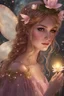 Placeholder: Pink dress,Sparkling fairy wings,Very long golden hair,Fairy crown,pointed ears,elven ears,fairy wings,water lilies,sparkling,glittering,flowers,blossoms,golden crown,light pink dress