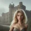 Placeholder: A photo realistic portrait of a stunning blonde, girl standing in front of a medieval castle