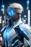 Placeholder: Man with Blonde & White Hair, glowing blue cybernetic eye, black cybernetic arm, white open coat, thin silver armor underneath night, city background, high detail, 4k, small cables protruding from the back