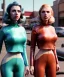 Placeholder: Ultra Realistic retro sci-fi movie Supermarket parking people scene, 1960 year, waist up view portrait, 2 clones blonde women, sweet scarlet Johansson face, perfect iris, glow eyes, face makeup, tight latex coat. many people looking, Retro sci-fi style, soft color, highly detailed, unreal engine 5, ray tracing, RTX, lumen lighting, ultra detail, volumetric lighting, 3d, finely drawn, high definition, high resolution.