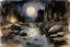 Placeholder: Night, rocks, puddle, gothic horror movies influence, puddle, mountains, epic, john singer sargent watercolor paintings