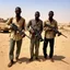 Placeholder: make a picture of 3 poor looking black men in a desert. they are in afghanistan. behind them is a raided village they are holding rifles