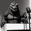 Placeholder: Godzilla standing in front of some microphones and giving a press conference.