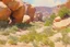 Placeholder: Sunny day, rocks, big rocks, vegetations, distant mountains, sci-fi, konstantin korovin, and anna boch paintings
