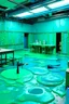 Placeholder: A bluish green laboratory covered in slime painted by Andy Warhol