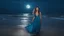 Placeholder: A young selkie woman, fair beauty, tanned skin, light brown eyes, long blue hair, knee-length dress. Coming out of the Pacific Ocean at night, full moon. 4k photo.