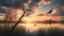 Placeholder: Hyper Realistic Beautiful Cloudy Sunset Lakeside with bird sitting on a tree-branch with tall grass whirling-on-wind showing dramatic & cinematic ambiance