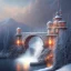 Placeholder: fantasy art, book cover, wizard in front of the ebony stairs of a bridge or dam ,icy water, on the bridge is a wolf, there is also a hawk