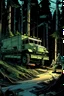 Placeholder: modern American comics, at night, Under a big futuristic cargo truck in the forest, the guards spot the enemies lurking in the woods