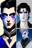 Placeholder: black haired blue eyed young man necromancer wizard with gothic jewelry in the style of nagel