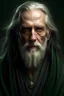 Placeholder: a man in his late sixties, bright green eyes, long grey hair, short grey beard, strong bony features, in a dark green coloured robe, realistic epic fantasy style