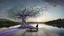 Placeholder: back to the camera a figure sittings on amorph bench in a beautiful landscape and overlooking the water of the nearby lake, calm, harmonious atmosphere, muted dark colors, purple, white, gray, green, blue, brown, silver, black , ,not too colorful colors, Whimsical style and giant stunning neuron network all over the sky, half shadow and half light abyss, surreal stunning vibe