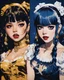 Placeholder: Poster in two gradually, a one side the Genna Ortega as Wednesday face and other side the Singer Melanie Martinez face, painting by Yoji Shinkawa, darkblue and gold tones,