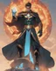 Placeholder: A 25 years boy persian in matte black robes with flaming eyes with grin with flaming light blue pupils stands atop a squire Two infinity gauntlets contain six infinity stones, one of which is made with nano In the hands of a powerful man walking While standing on a majestic height from afar With two big wings