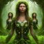 Placeholder: photo. .three women. A mother. Two daughter. Twins. A mother with her children. three young black women. wood nymphs emerging from the forest. Her hair looks like vines. Dreadlocs. Her skin is the colour of dark soil. Her skin looks like tree bark. Her clothing is made of vines, grass and leaves.