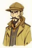 Placeholder: A very thin man wearing a brown galabiya with a heavy coat over it and a yellowish-white Arab hat. The man is short and has a medium-thick mustache and a beard with some shaved hair. Funny Japanese manga style