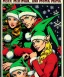 Placeholder: two elves. woman and man. Christmas scene. poster. marvel comic. low-key