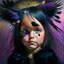 Placeholder: #Leonardai Starling , photorealistic ,pop surreal , lowbrow art ,enchanting portrait of a cute little girl ,representing a starling , feathers in her hair ,black and vibrant colors , sweet , magical , cosy warm light , whimsical, alluring , dazzling ,, expressive