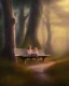 Placeholder: park mystical dream, park bench, man, woman, child, dog, trees, path, bird, sunshine, mystical, fantasy, romanticism, pastel colors, daylight, daytime, acrylic painting, detailed, soft focus,