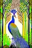 Placeholder: Front view of An beautiful peacock displaying its vibrant feathers, amidst a serene forest backdrop. Art deco style, ultra detailed, inspired by Jamie mckelvie comic art, by jen bartel, Poster, 2D vector illustration, Vector art