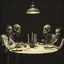 Placeholder: Photo of a family sitting at the dinner table. Hypermaximalist, grime, shadow, fog, unsettling, antique, old, liminal, odd, uncanny, transformational, interesting, rift, cryptic, low-fidelity, unreal, deserted, abstracted, twins, ambiguous, surreal, jaws, elongated, oblong, undulating, mouths, eyes, eerie, Max Ernst