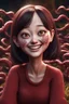 Placeholder: Woman smiling, little worms streaming from his eyes, siting pose, fullbody, Junji Ito style, darkred tones, high detailed, 4k resolution, digital paiting, 3d pixar disney the cinematic FKAA, TXAA, and RTX graphics technology employed for stunning detail.