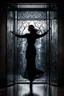 Placeholder: front of is the glass door, a dark silhouette of a dancing woman behind the glass door , front of it is the glass door, high quality, highly detailed, stunning, high realistic picture, impressive, sharp focus, perfect body, perfect shot, professional photo