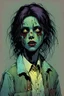 Placeholder: create a hardened, undead teenage zombie Girl Scout, finely defined but decayed facial features, selling cookies in a suburban neighborhood, in the comic book art style of Robert Kirk man, Mike Mignola, Bill Sienkiewicz and Jean Giraud Moebius, highly detailed, analog horror, grainy, gritty textures, big drama, retrowave horror, cyberpunk renaissance