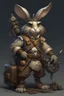 Placeholder: small harengon-grey fur rabbit humanoid, Charismatic expression, artificer clothes, Hand holding a wrench tool, carring a huge bag full of mechanical tools, steampunk , dungeons and dragons artstyle