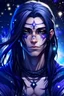 Placeholder: Shadar-Kai twink with icy eyes long dark purple hair and star tattoos with a space background