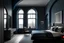 Placeholder: arched ceiling moody blue bedroom in the modern townhouse with two windows