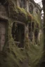 Placeholder: skeletal derelict buildings with hanging plants and vines, with coloured fungi and mushrooms on the walls