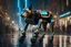 Placeholder: A full-length, experimental, prototype robotic dog walking down a robot-future city street, at night. 8k ultra detail, baroque painting by AI, sci-fi, futuristic background, Vibrant, eye-catching, intricate details, elaborate, 32k Portrait photography, UHD